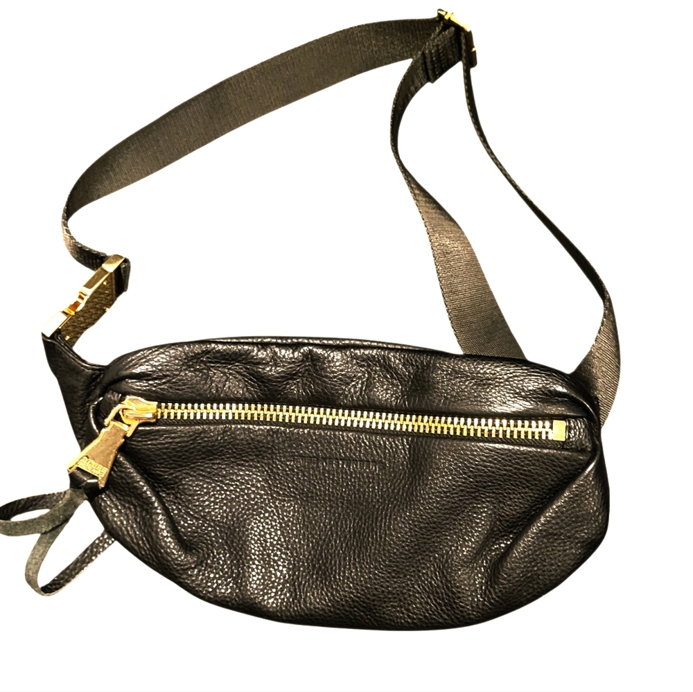 Aimee Kestenberg Black Leather Crossbody Belt Bag with Gold Hardware